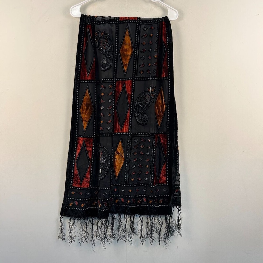 Bohemian Black, Gold and Red Scarf with Fringe